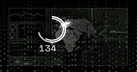 Displaying data dashboard with glowing binary globe and circular progress indicator