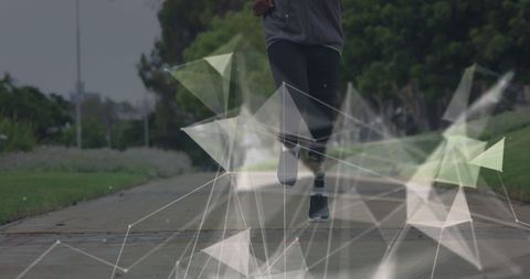 Athlete with Prosthetic Leg Running in Futuristic Networking Overlay