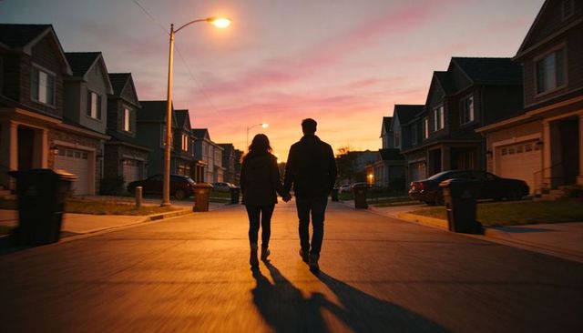 Couple walking hand in hand down quiet suburban street at sunset with long shadows