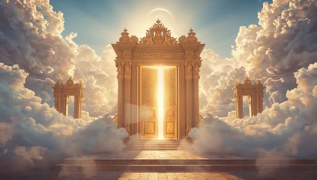Gilded heavenly gateway standing on cloud stairway emitting golden light of transcendence