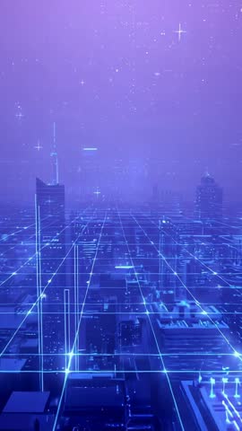 Vertical Cyberpunk Cityscape with Pulsing Neon Grid and Traveling Light Nodes