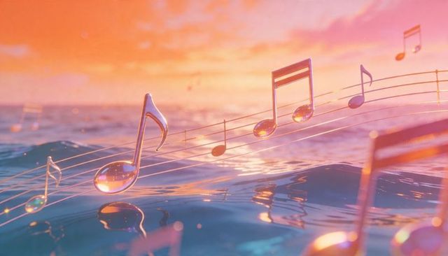 Floating glass musical notes glowing over ocean staff at sunset, iridescent dream seascape