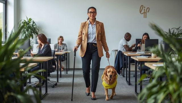 Blind Professional Walking with Guide Dog in Modern Office Environment