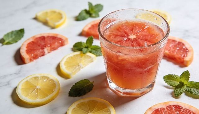 Sparkling pink grapefruit cooler in faceted glass with lemon slices and fresh mint on marble counter
