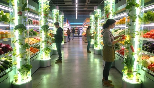 Shoppers selecting fresh produce in futuristic hydroponic grocery aisle with led columns