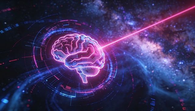 Neon holographic brain connecting to magenta laser in futuristic cybernetic interface
