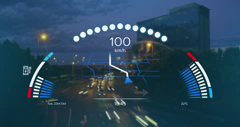 Futuristic Dashboard Display Over Highway at Dusk