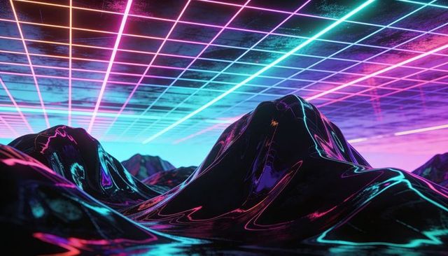 Neon grid ceiling reflecting on glossy black peaks in cyberpunk futuristic landscape