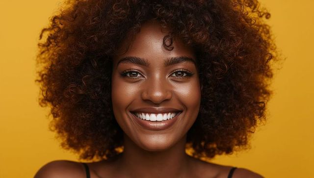 Smiling black woman with voluminous curls on mustard background, glowing skin, confident headshot