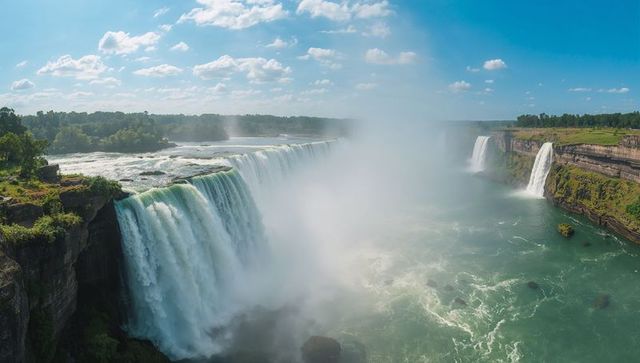 Roaring waterfall plunging over wide river gorge with towering cliff, mist-filled panoramic canyon