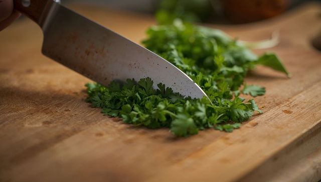 Chef knife slicing fresh parsley on wooden cutting board