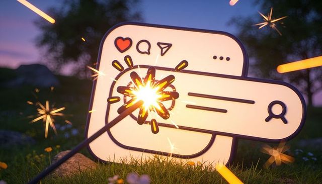 Sparking social media engagement with glowing 3d ui cutout and sparklers in dusk meadow