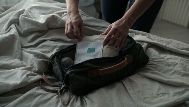 Packing leather-handled duffel with folded clothes and travel essentials on rumpled bed