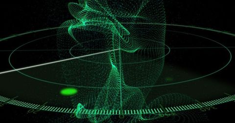 Neon green holographic radar point-cloud column spiraling above circular grid