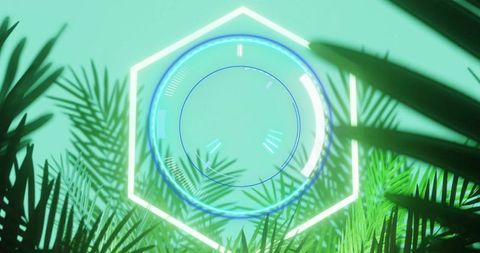 Futuristic Hexagon Interface Over Tropical Leaves Background