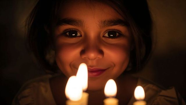 Smiling child gazing at candlelight glow, warm intimate closeup portrait with amber light