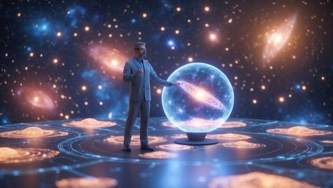 Astrophysicist engaging with advanced galaxy hologram technology