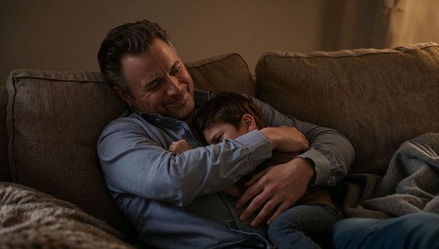 Father cuddling young son on couch sharing warm embrace during cozy evening at home