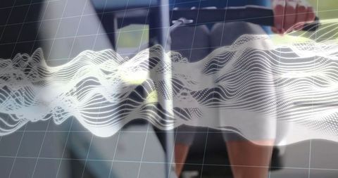 Woman exercising with rowing machine and digital wave overlay