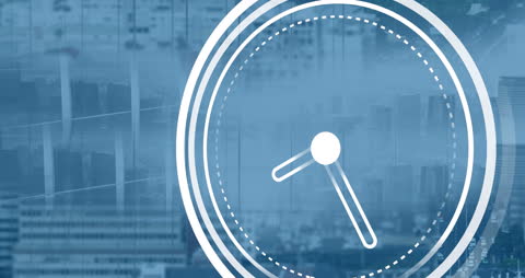 Animated Clock and Data Processing Over Modern City Background