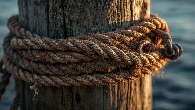Weathered wooden mooring post wrapping braided rope and rusted shackle in golden light