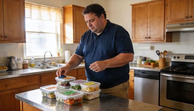 Man organizing labeled meal prep containers on stainless island for weekly food prep