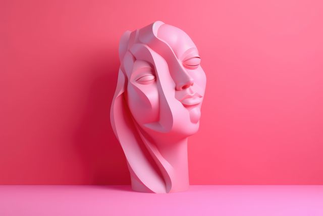 Close up of pink woman's face sculpture on red background, created using generative ai technology. Art and modern abstract face sculpture design concept digitally generated image.