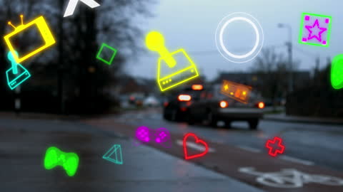 Neon Geometric Shapes Overlaying Urban Traffic Scene