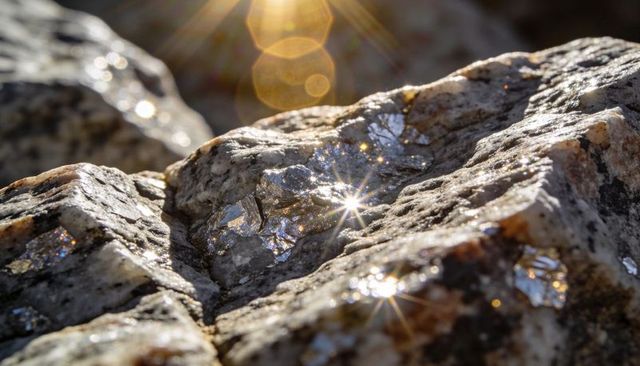 Glinting mica flakes on granite with sunstar bokeh, sparkling crystal macro texture