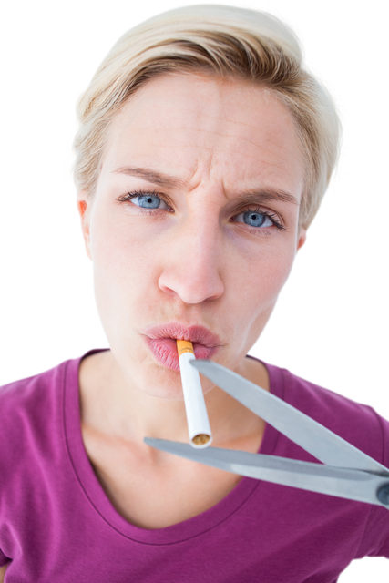 Caucasian Woman Cutting Cigarette on Transparent Background Promoting Healthy Lifestyle - Download Free Stock Videos Pikwizard.com