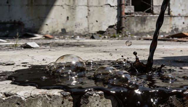 Thick black oil pouring, creating shiny bubbles on cracked concrete at derelict factory