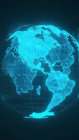 Vertical Holographic Earth Rotating in Dark Void Showing Grid Lines for Futuristic Tech