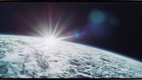 Lunar Dawn with Sunburst Over Cratered Surface