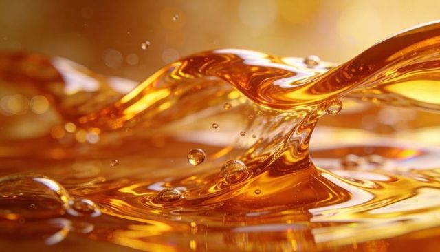 Amber liquid wave forming with suspended droplets and glossy reflective highlights