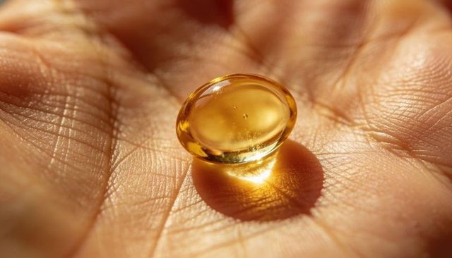 Holding golden softgel supplement in palm macro shot for wellness and nutrition marketing