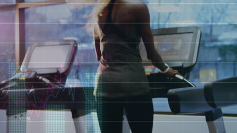 Active Woman on Treadmill with Data Analytics Overlay
