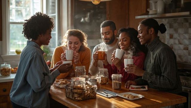 Friends enjoying coffee and pastries at cozy kitchen island, sharing warm mugs and laughter