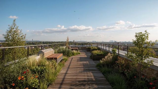 Leading wooden boardwalk through rooftop garden toward city skyline under blue sky