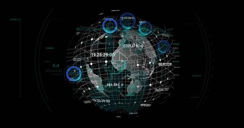 3d holographic globe with network mesh, real-time timestamps and futuristic hud analytics
