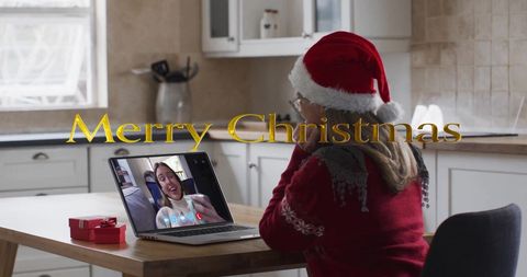 Festive virtual holiday video call in christmas kitchen