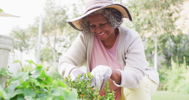 Senior woman happily gardening outdoors during summer. Wearing gardening gloves and a hat, she tends to lush plants in a sunny garden. Perfect for promoting healthy lifestyles, outdoor activities, gardening products, or retirement living.