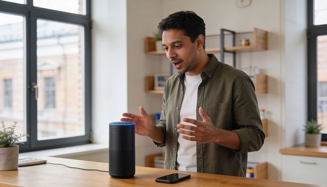 Man controlling smart speaker with voice in minimalist kitchen using smartphone