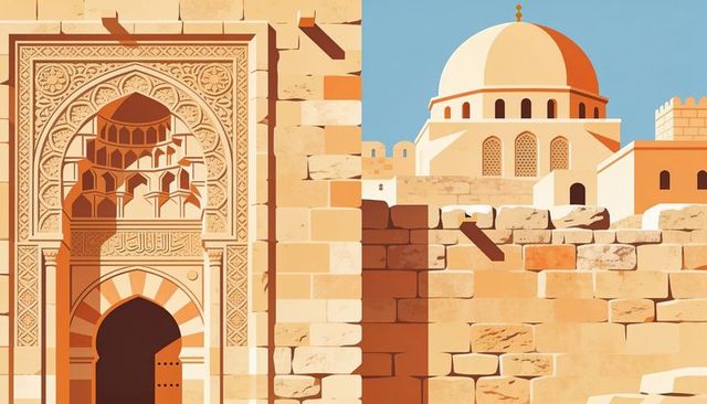 Sunlit sandstone archway with ornate arabesque carvings and dome above ancient citadel