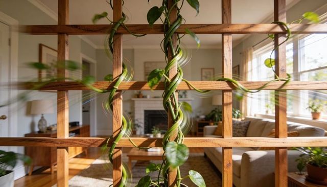 Sunlit wooden lattice trellis with braided pothos vine framing cozy modern living room