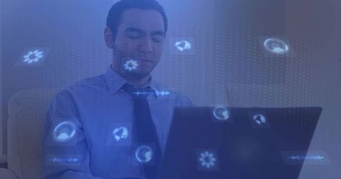 Businessman working remotely on laptop home office with futuristic floating digital interface