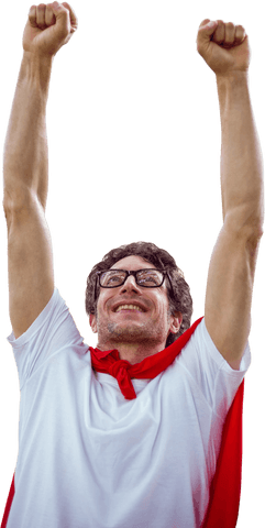 Cheerful man celebrating with raised hands and red cape transparent