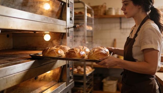 Artisan baker placing steaming golden loaves into industrial oven in rustic bakery kitchen