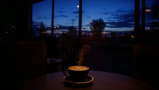 Steaming Latte on Wooden Table at Twilight in Cozy Cafe with Moonlit Window View