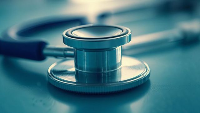 Close-up metallic stethoscope on examination table