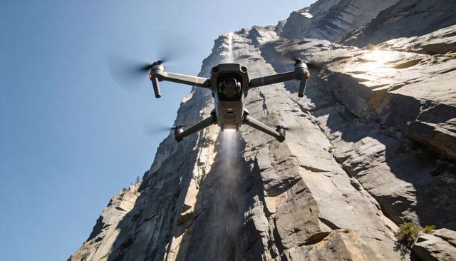Flying quadcopter drone approaching granite cliff with visible gimbal and rotor wash